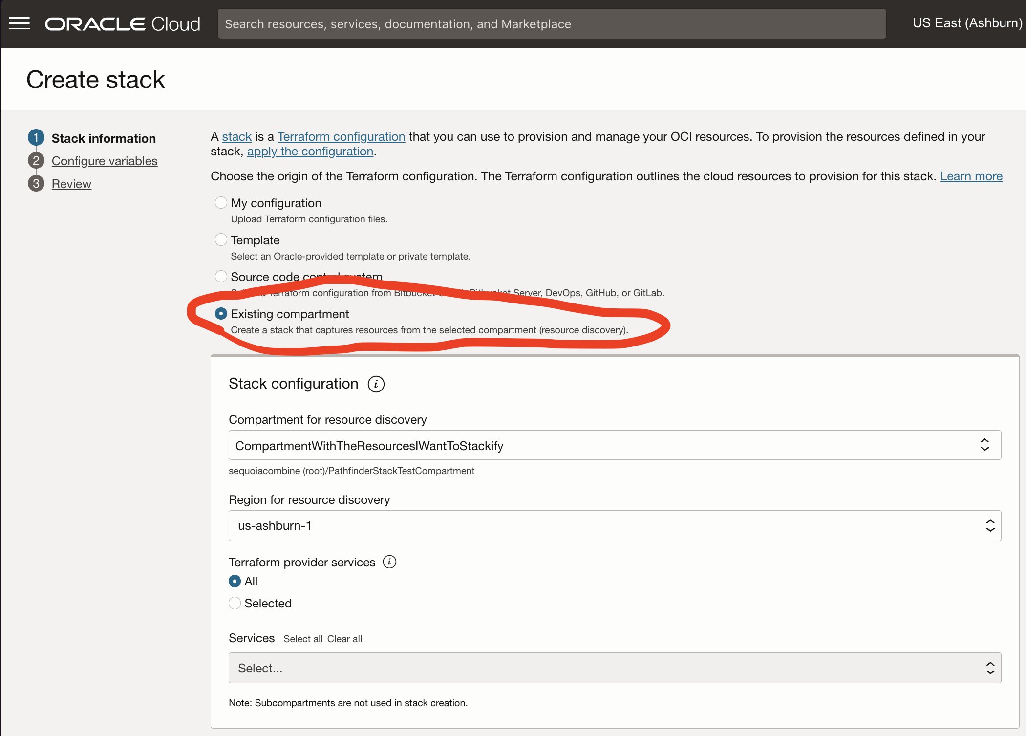 Stackify from existing resources in the OCI portal