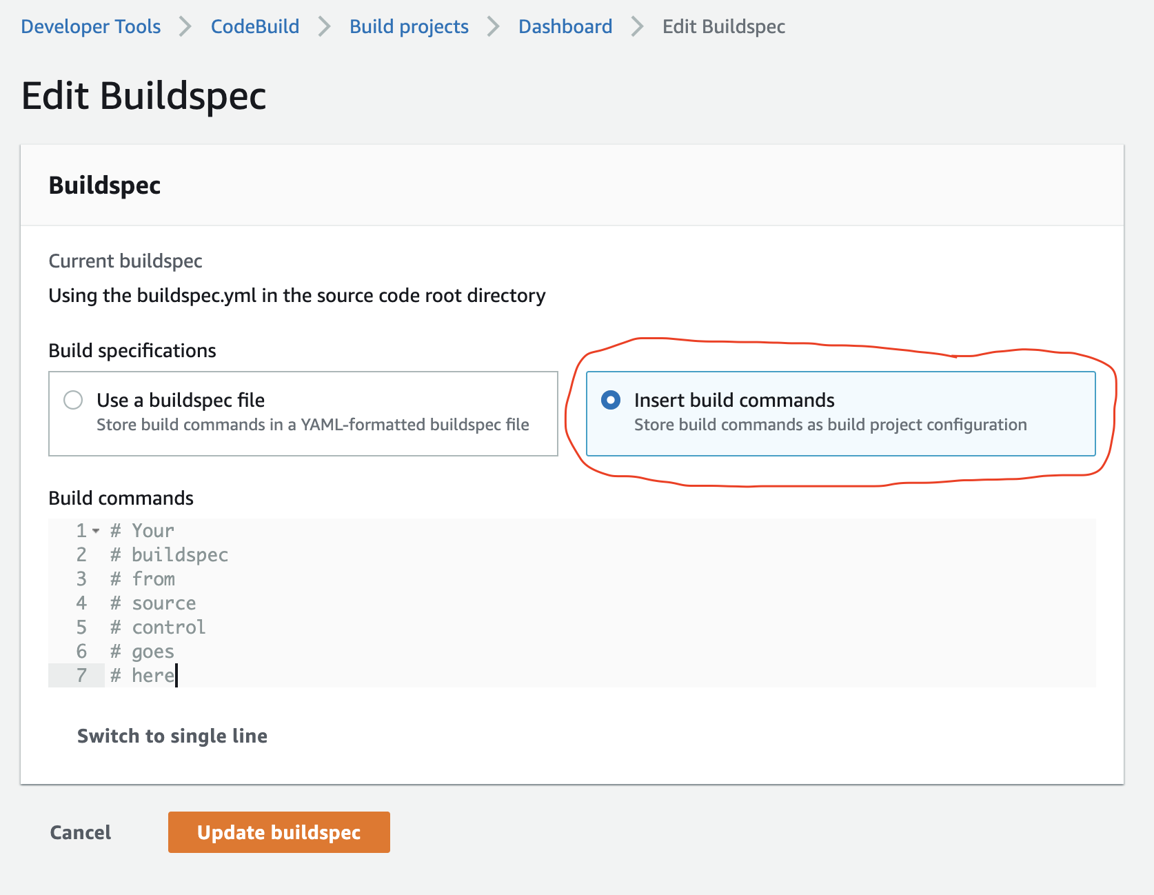 Switch Buildspec source
